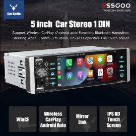 ESSGOO Single Din Car Stereo Wireless Apple CarPlay 5.1 Touchscreen Bluetooth  MIC&CAM