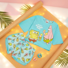 SPONGEBOB SQUAREPANTS Girls Pyjamas Set Short PJs Kids Teens Lounge Set Nightwear Soft Summer Sleepwear Gifts for Girls (3-4 Years, Blue Cropped)