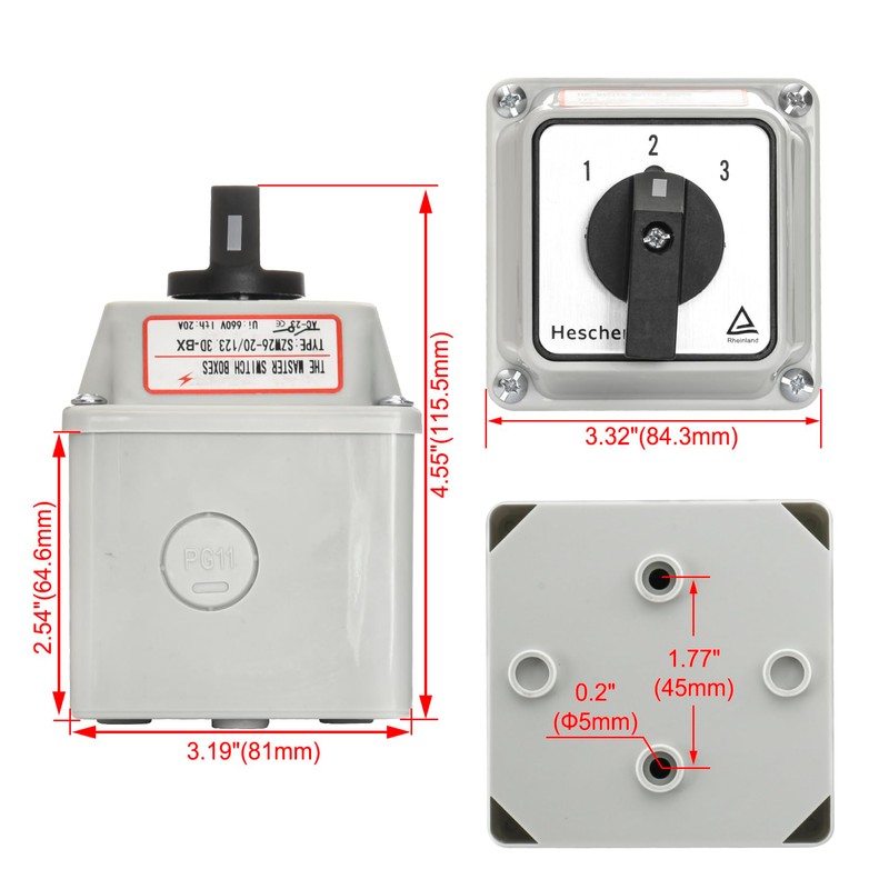 Heschen Universal Locking Cam Selector Switch, SZW26-20-123.3D-BX, 660V 20A, ON-OFF