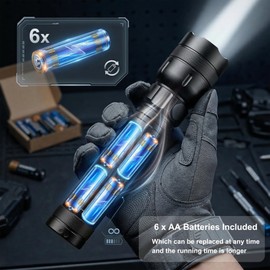 SuperFire LED Tactical Flashlight, 1300 High Lumens with 6 AA Batteries Included, Heavy Duty Aluminum, 18H Runtime, 4 Modes, IP44 Water Resistant for Power Outage, Hurricane Emergency & Camping