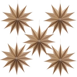 SUNBEAUTY Set of 5 Paper Stars 30 cm Original Wooden Colour Folding Star Christmas Decoration 12 Points Folding Stars Party Decoration for Christmas Decoration Wedding Birthday Table Decoration