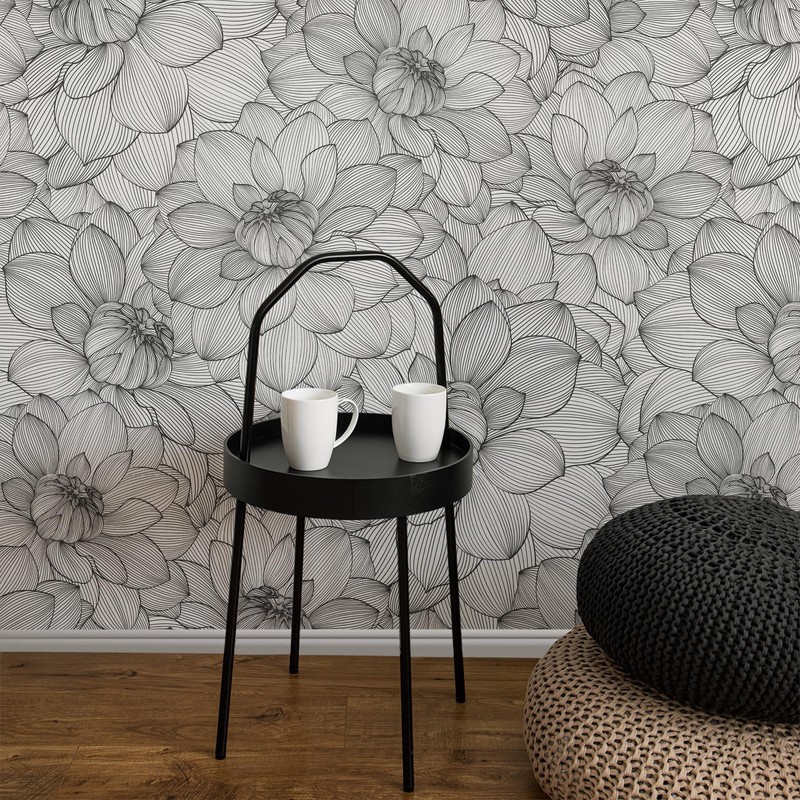 Meihodan Vintage Black White Line Art Lotus Floral Peel and