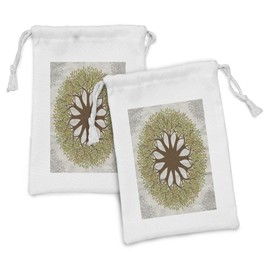 Lunarable Tree of Life Fabric Pouch Set of 2, Mandala Design Leaves and Woods Round Shape Art, Small Drawstring Bag for Toiletries Masks and Favors, 9" x 6", Green Brown