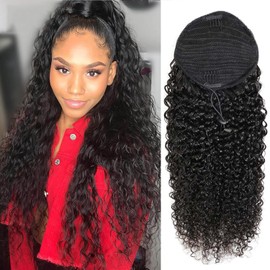 Seelaak Kinky Curly Human Hair Drawstring Ponytail Extension for Black Women Long Inch 26 inches10A Brazilian Kinky Curly Clip in Ponytail Extension Human Hair Pieces Natural Color (1B# 26 Inch)