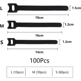 Honyear Reusable Cable Ties in 3 Different Lengths - 190 mm/160 mm/140 mm, Pack of 100