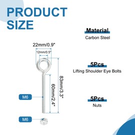 PATIKIL M6x60mm Eye Bolts with Nuts, 5 Pcs Shoulder Swing Lifting Eye Bolt Carbon Steel Threaded Screw Eyebolt for Cables Wires Hanging Lights