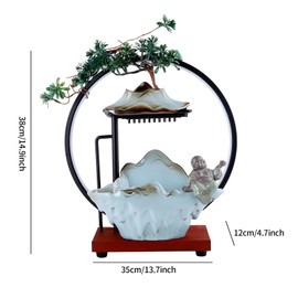 Ceramic Water Fountain Indoor, Mist Water Indoor Waterfall Fountain with LED, Buddha Water Fountain Indoor with Backflow Incense Holder, Chinese Feng Shui Tabletop Fountain for Wealth-Booming Luck