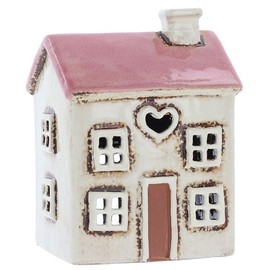Shudehill Giftware Village Pottery 331032 Mini Tea Light Holder, House with Heart, Cream/ Pink