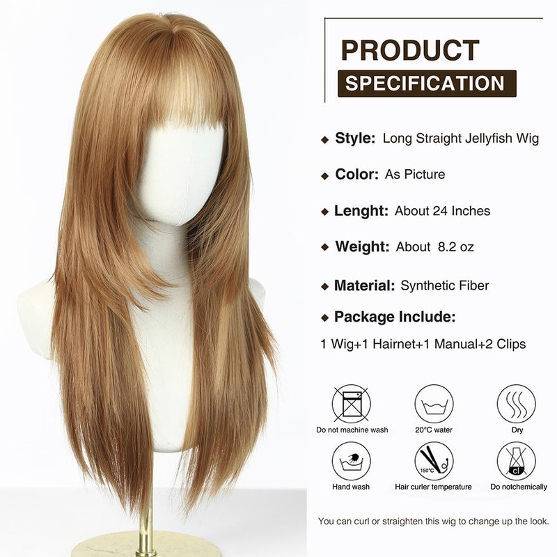 Long Straight Jellyfish Layered Strawberry Blonde Wig with Bangs-24IN