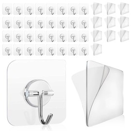 Marfs 42 Pack Adhesive Hooks for Hanging Heavy Duty 33 lb Capacity Transparent Waterproof Utility Hooks for Outdoor Kitchen Bathroom Shower Keys Coats Home Imrovement 10 Doublesided Tapes Included