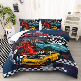 AILONEN Racing Car Comforter Set Queen Size, Cool Speed Race Car Bedding Sets for Kids Boys,Automobile Extreme Sport Duvet Set,Checkered Squares Quilt Set,3 Pieces,1 Quilt and 2 Pillowcases,Microfibre