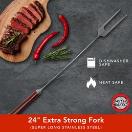 Grill Fork 24-inch Super Long for Grilling Barbecue Griddle and Fire Pit Extra Strong Curved Neck Premium Hardwood Handle Large Stainless Steel Tines for BBQ Outdoor Kitchen and Grilled Food