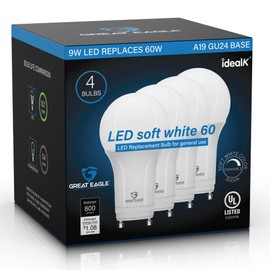 Great Eagle GU24 Led Bulb - A19 Shape, 9W (60W Equivalent), Dimmable, 3000K Soft White, UL Listed, Twist-in Light Bulb, 2 Prong Light Bulbs (4-Pack)