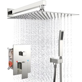 Rain Shower System 12 Inches Shower Head with Handheld Combo Set for Bathroom,High Pressure Rainfall Shower Faucet Set Wall Mounted,Rough-in Valve and Trim Kit(Chrome Polished)