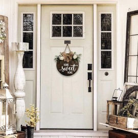 MayAvenue Home Sweet Home Wreaths Decor Sign Front Door, Round Wood Hanging Sign with Ribbon Bow and Artificial Green Leaves, Farmhouse Porch Decorations for Home Thanksgiving, Brown