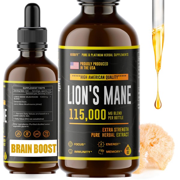 Lions Mane Supplement - Daily Mushroom Supplement for Memory, Focus & Clarity - Brain Booster - Lions Mane Tincture for Natural Immune Support - Vegan, Organic - 4 Fl oz