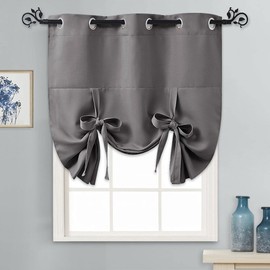 PONY DANCE Tie Up Curtain - Small Kitchen Curtains and Valances Set Blackout Adjustable Silver Grommet Top Roman Shades for Window Home Decoration, 1 Panel, W 46 x L 63 in, Grey
