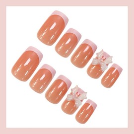 Square Press on Nails Medium Pink French Tip Fake Nails Cute False Nails with Bow Designs Full Cover Stick on Nails Glossy Glue on Nails for Women Girls 24Pcs