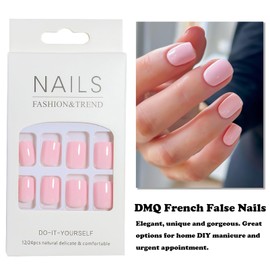 DMQ Square False Nails Short, 24Pcs Pink French Tip Press on Nails Glossy Pure Color Gel Fake Nails, Girls Pink Glue on Nails Full Cover Acrylic Square Stick on Nails for Women and Girls