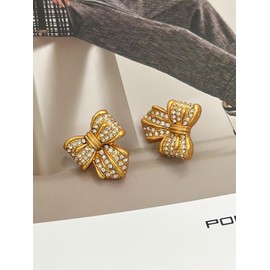 Golden Bow Zircon Earrings S925 Pure Silver Needles Bowknot Bow Tie Earrings Studs for Women Plated 18K Real Gold