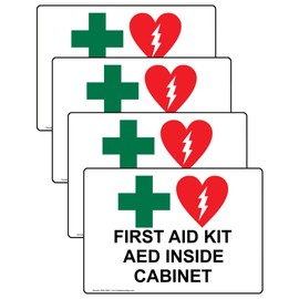 ComplianceSigns.com First Aid Kit AED Inside Cabinet Label Decal, 5x3.5 in. 4-Pack Vinyl for Emergency Response Industrial Notices Facilities