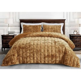 TRP 3 Piece Plush Silky Soft Smooth Hand-Feel Velvet Quilt King Size Double Box Stitch Pattern | Reversible All Seasons Gold Brown Color Aesthetic Bedding Luxury Lightweight Bedspread Coverlet Set
