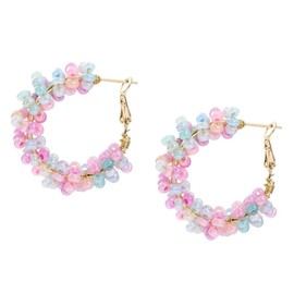 Boho Earrings For Women Colorful Earrings For Women Boho Flower Hoop Earring Mexican Earring C Shape Ethnic Beaded Jewelry Gifts (Pink Beaded)