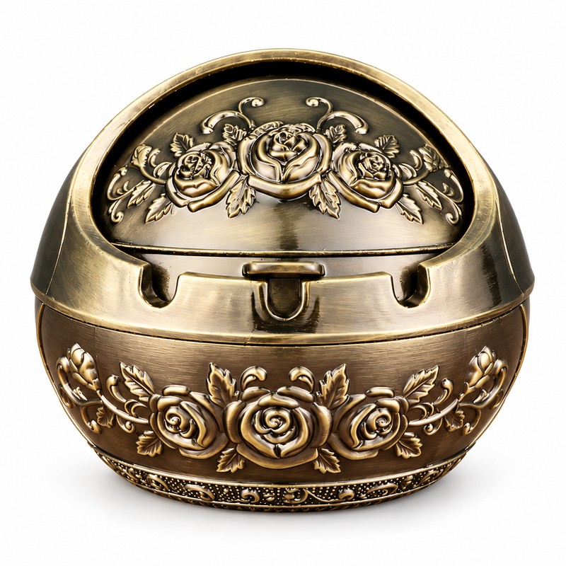 Retro Metal Ashtray with Lid – Decorative Covered Ashtray for