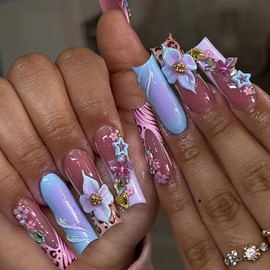 24 Pcs Handmade Press on Nails Long Square Nail Tips,YEFIUO French Acrylic Fake Nails Press ons 3D Flowers Butterfly Nail Charms Design Glue on Nails Full Cover Reusable False Nails Art Kit for Ma'am