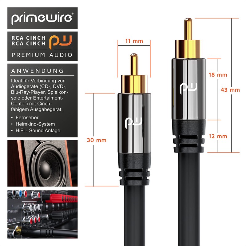 HQ RCA Subwoofer Cable 7.5 m Coaxial Cable 1x RCA