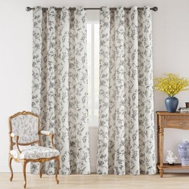 Lazzzy Black Floral Linen Farmhouse Curtains 84 Inch Length Drapes for Living Room Bedroom Pattern Light Filtering Country Vintage Curtain Grommet Top, 2 Panels, Black on Beige