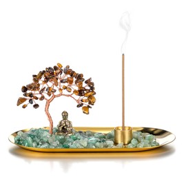 Jovivi Crystal Incense Holder for Sticks, Tiger Eye Healing Crystal Stone Money Tree Buddha Statue Set Incense Burner, Incense Trays for Wealth, Good Luck,Yoga Meditation Home Decor