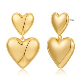 LILIE&WHITE Gold Double Heart Dangle Earrings for Women Drop Earrings Hypoallergenic Earrings Fashion Earrings Gift Earrings, Brass, No Gemstone