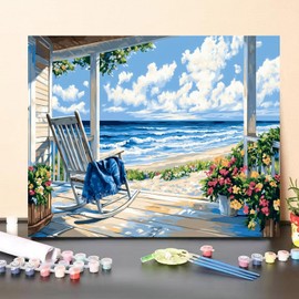Beach Paint by Numbers Kit for Adults Beginner Landscape Oil Painting Kit Adult Paint by Number Kits on Canvas Ocean DIY Painting for Beginners Art by Numbers for Gifts Home Wall Decor 16x20 Inch