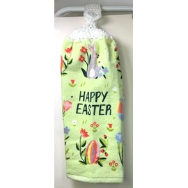 Handy Handmade Crochet Top Hanging Kitchen Towels - EASTER - HAPPY EASTER on Lime Green