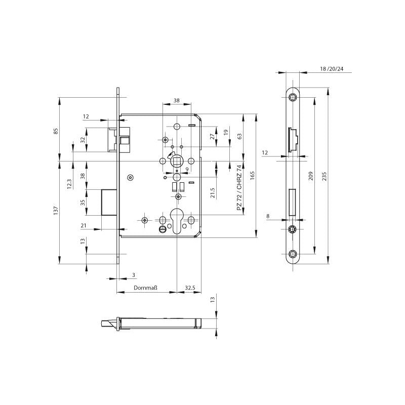 Fire Protection Door Lock B-1206 24/65/72/9 mm DIN R 24