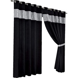 L S U Diamante Blackout Eyelet Thermal Curtains Pair with Tie Backs Ring Top (66" Width x 54" Drop, Black)