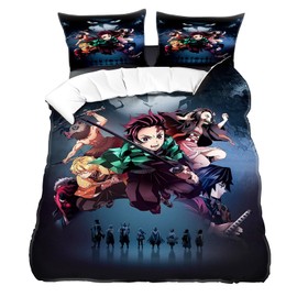 WlsqDE Demon Slaye Bed Linen, Demon Slaye Bed Linen, 135 x 200 cm, Anime Duvet Cover Set Includes 80 x 80 cm Pillowcase, Microfibre, Comfortable and Soft, for Teens, Boys and Girls, Duvet Cover