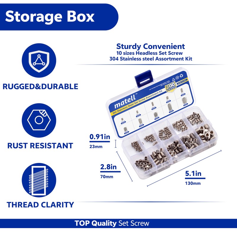 200Pcs Set Screw Assortment Kit, Stainless Steel Hex Allen Head