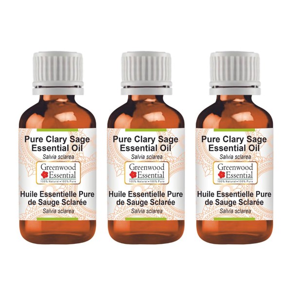 Greenwood Essential Natural Pure Clary Sage Essential Oil (Salvia sclarea) Natural Pure Therapeutic Quality Steam Distilled (Pack of Three) 100 ml x 3 (10 oz)