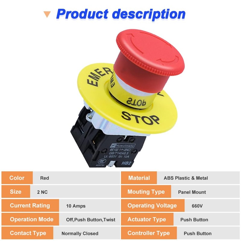 DKARDU 2NC 22mm Emergency Stop Push Button Switch Red Mushroom