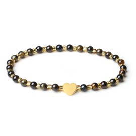 MetJakt Handmade Original 4mm Mini Gemstone Stretch Bracelet for Women with Natural Stone Healing Crystal and Gold Heart Beaded (Yellow Blue Tiger eye)