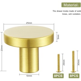 8PCS Brass Gold Cabinet Knobs, 25mm Small Round Dresser Knobs, Solid Modern Single Hole Drawer Knobs, Metal Cupboard with Screws Decorative Kitchen Hardware (8, 25mm/1inch)