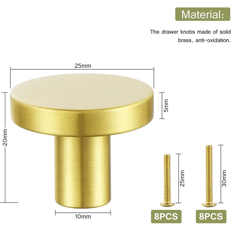 8PCS Brass Gold Cabinet Knobs, 25mm Small Round Dresser Knobs,