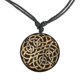 CHICNET Women's Men's Necklace Chain Wooden Chain Necklace with 40 mm Wooden Pendant in Round Light Dark Wood and Cotton Tribal Nordic Engraving Celtic Knot Adjustable, Wood