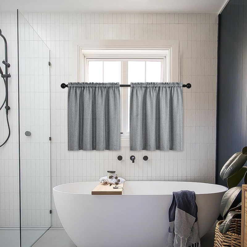 Home Queen Water Resistant Bathroom Window Curtains, Waffle Textured Half