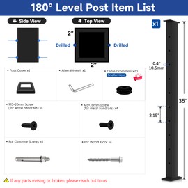 Gyykzz Cable Railing Post 36" (Post 35"x2"x2"), Fixed Top Mount Level Drilled Railing Post with Cable Grommets, Stainless Steel Level Line Post Handrail Post, Black Finish Flat Top Level Deck Post