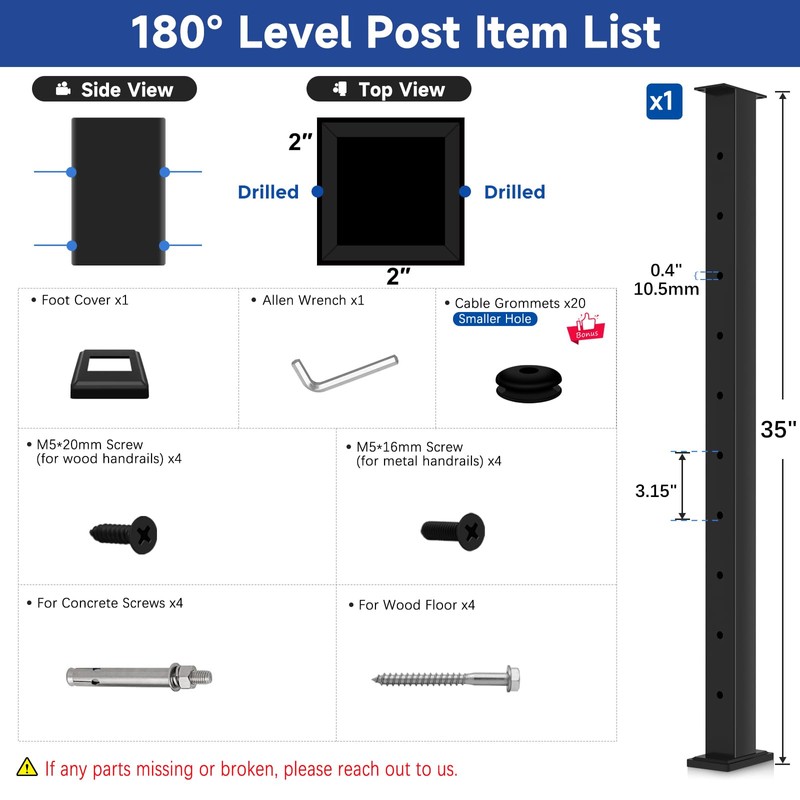 Gyykzz Cable Railing Post 36" (Post 35"x2"x2"), Fixed Top Mount