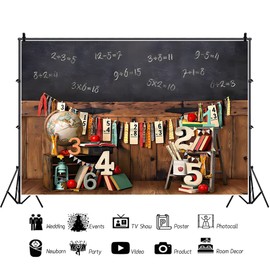 CSFOTO 6x4ft Back to School Backdrops for Photography Vintage Wooden Classroom Math Problem on Blackboard Background Globe Book Theme Background First Day of School Children Photo Wallpaper