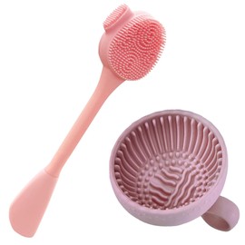 Combination of Silicone Facial Mask Applicator, Cleaning Brush, Exfoliating Brush and Makeup Brush Cleaning Bowl, Makeup Brush Cleaning Pad,for Facial Care and Makeup Removal (Pink)